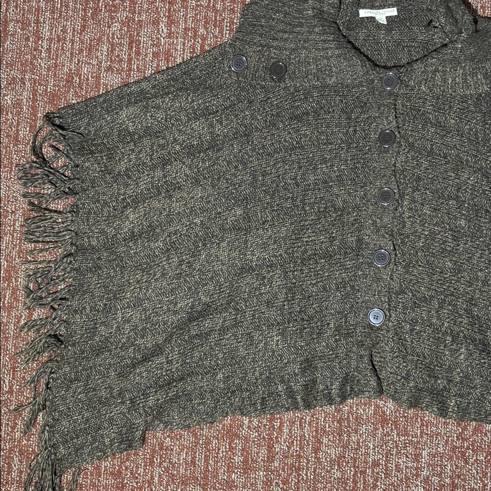 Carolyn Taylor Chocolate brown knit Button-Up Poncho fringe cozy comfy warm OSFA - Picture 4 of 13